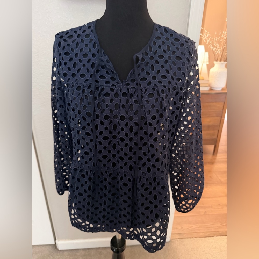 J. Crew Navy Eyelet Tie-Neck Blouse